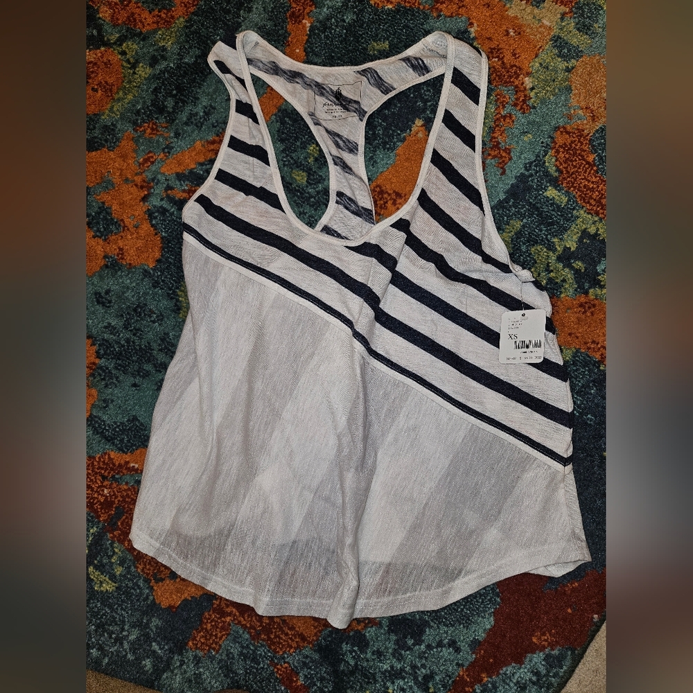 Free People White and Navy Striped Racerback Tank Top